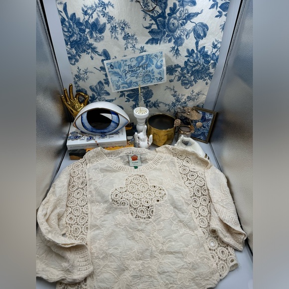 🆕 FARM Rio 🧿 NWOT Off White Crochet Long Sleeve Blouse - Picture 11 of 15